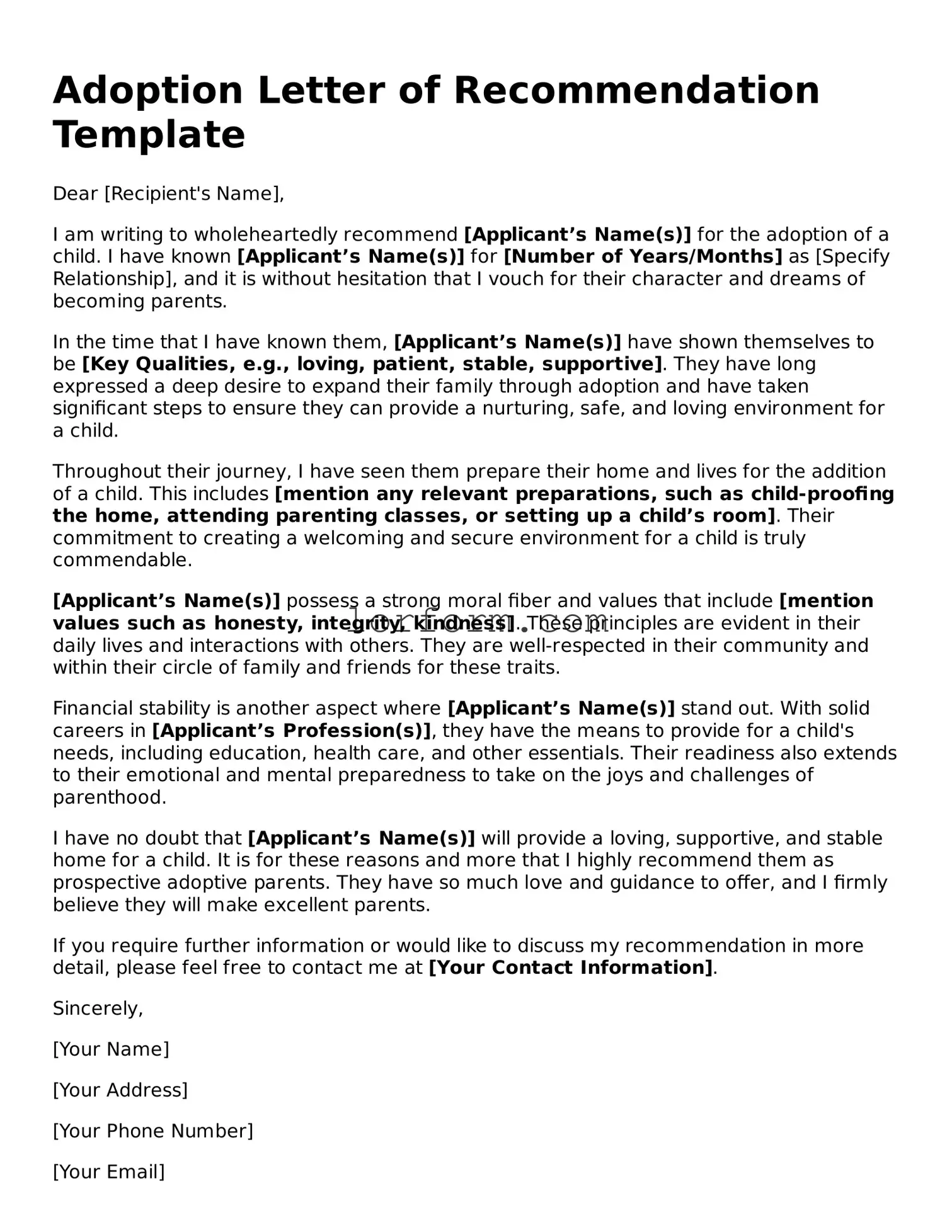 Blank Adoption Letter of Recommendation Document