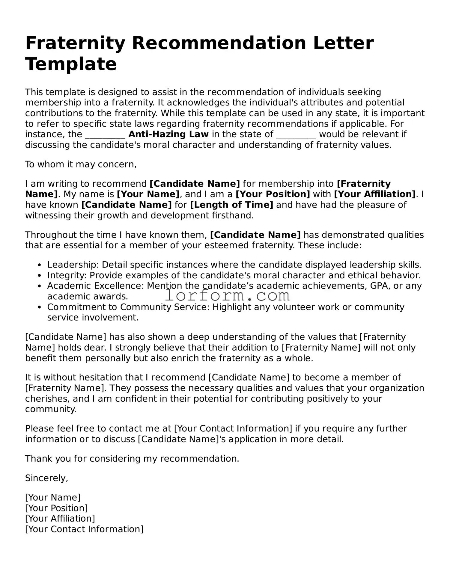 Blank Fraternity Recommendation Letter Document