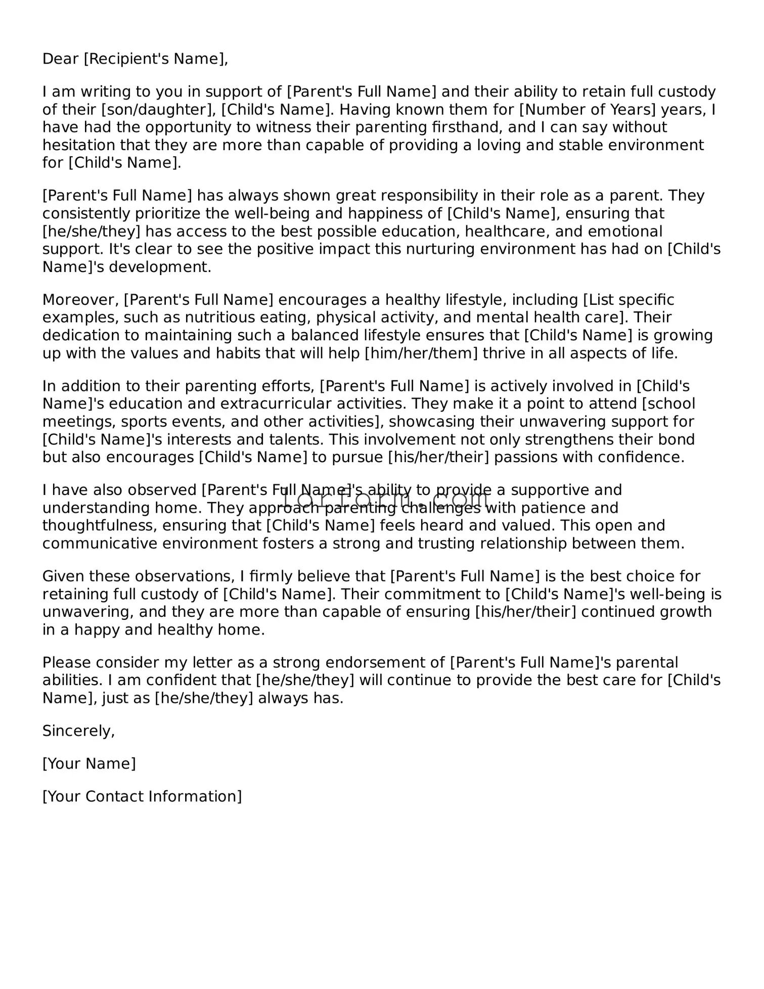 Blank Character Reference Letter for Child Custody Document