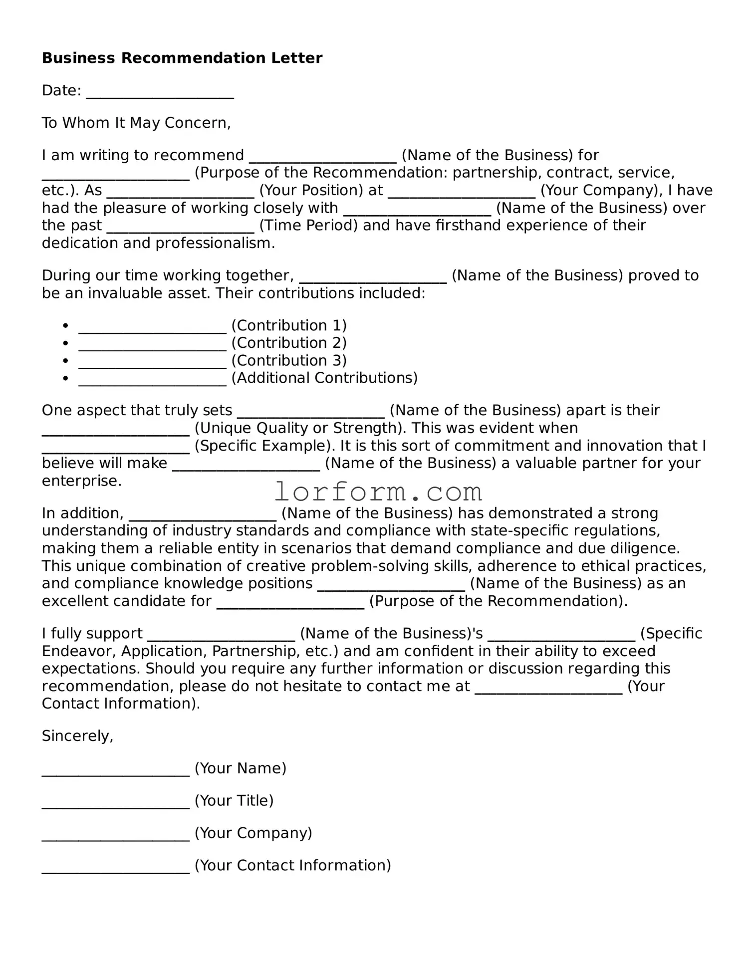 Blank Business Recommendation Letter Document