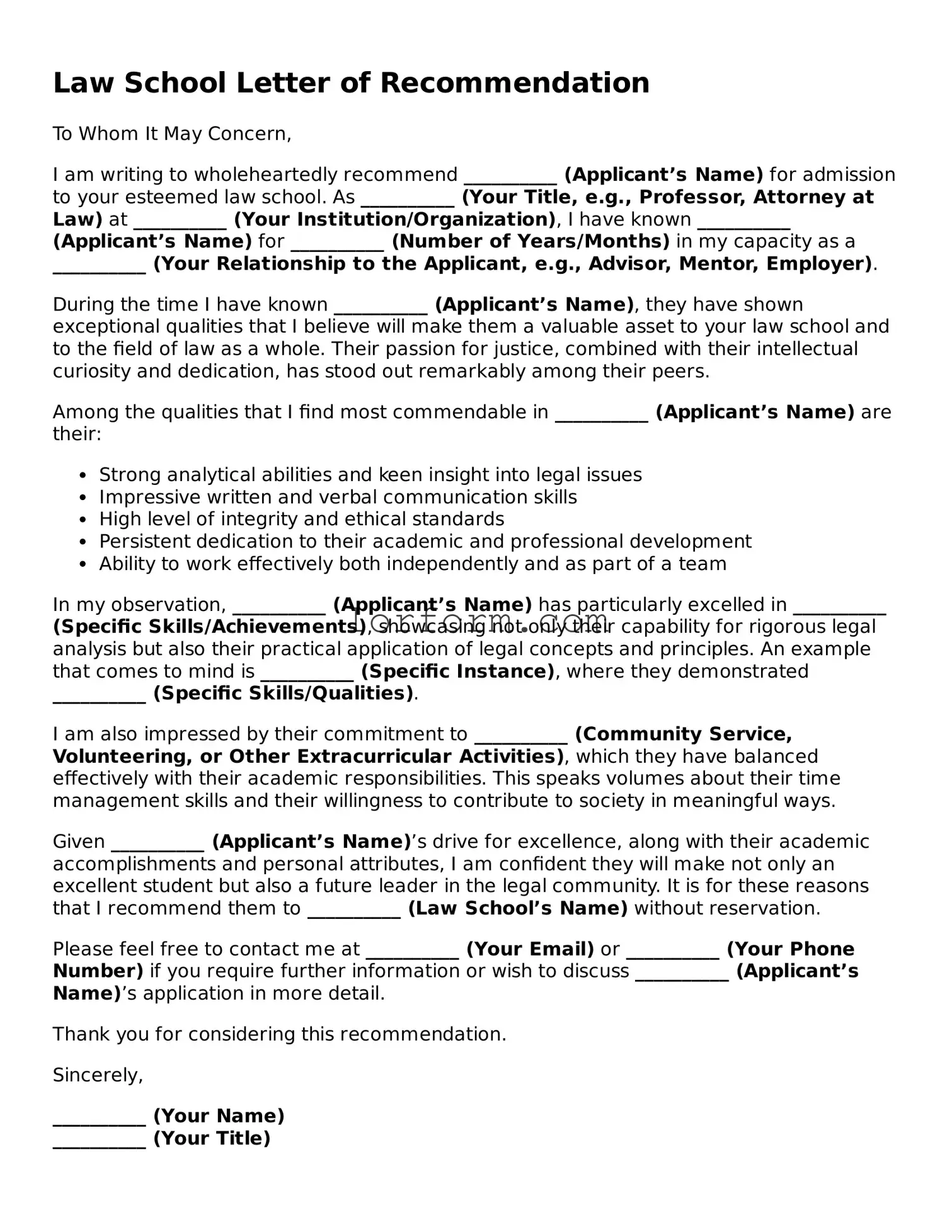 Blank Law School Letter of Recommendation Document