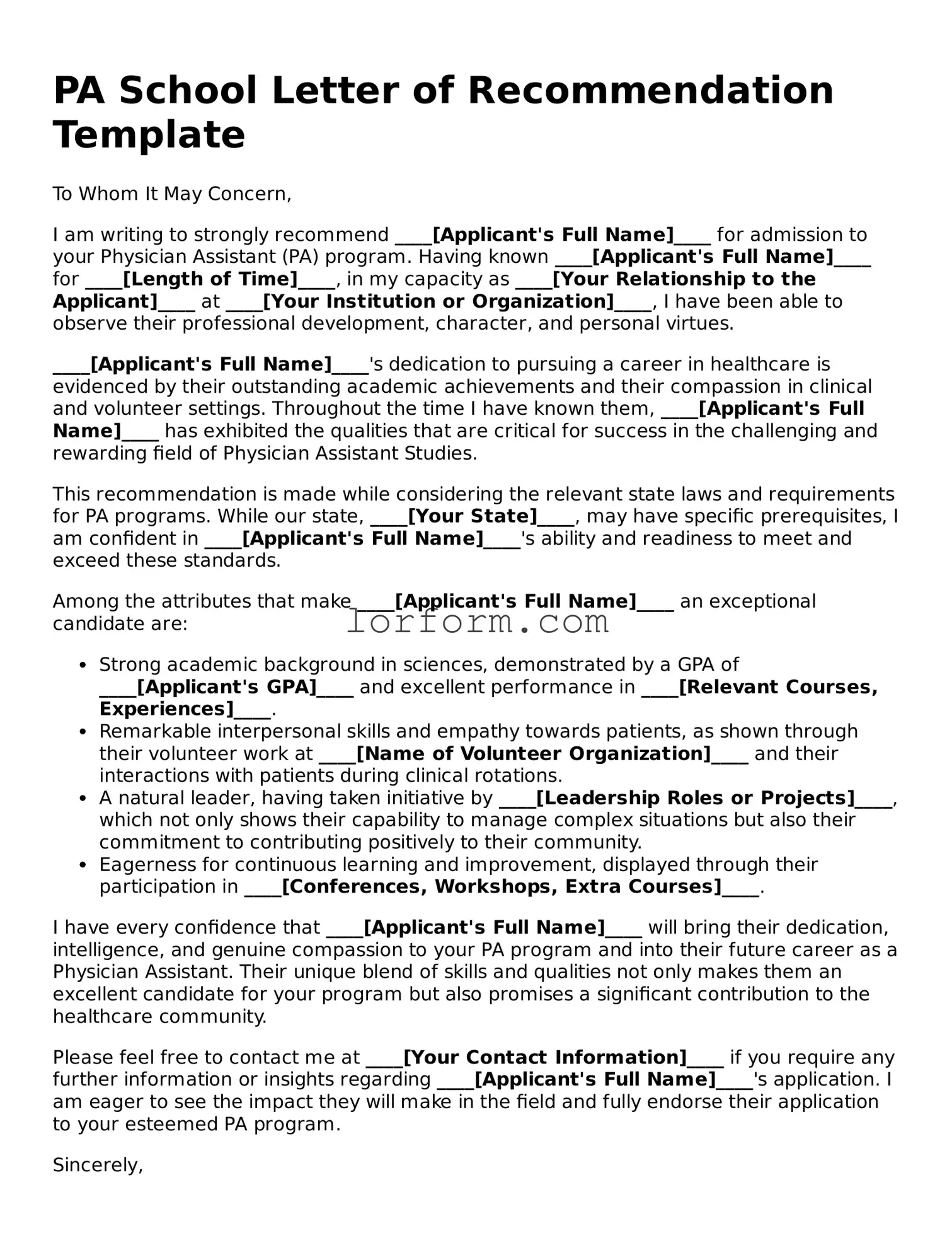 Blank PA School Letter of Recommendation Document