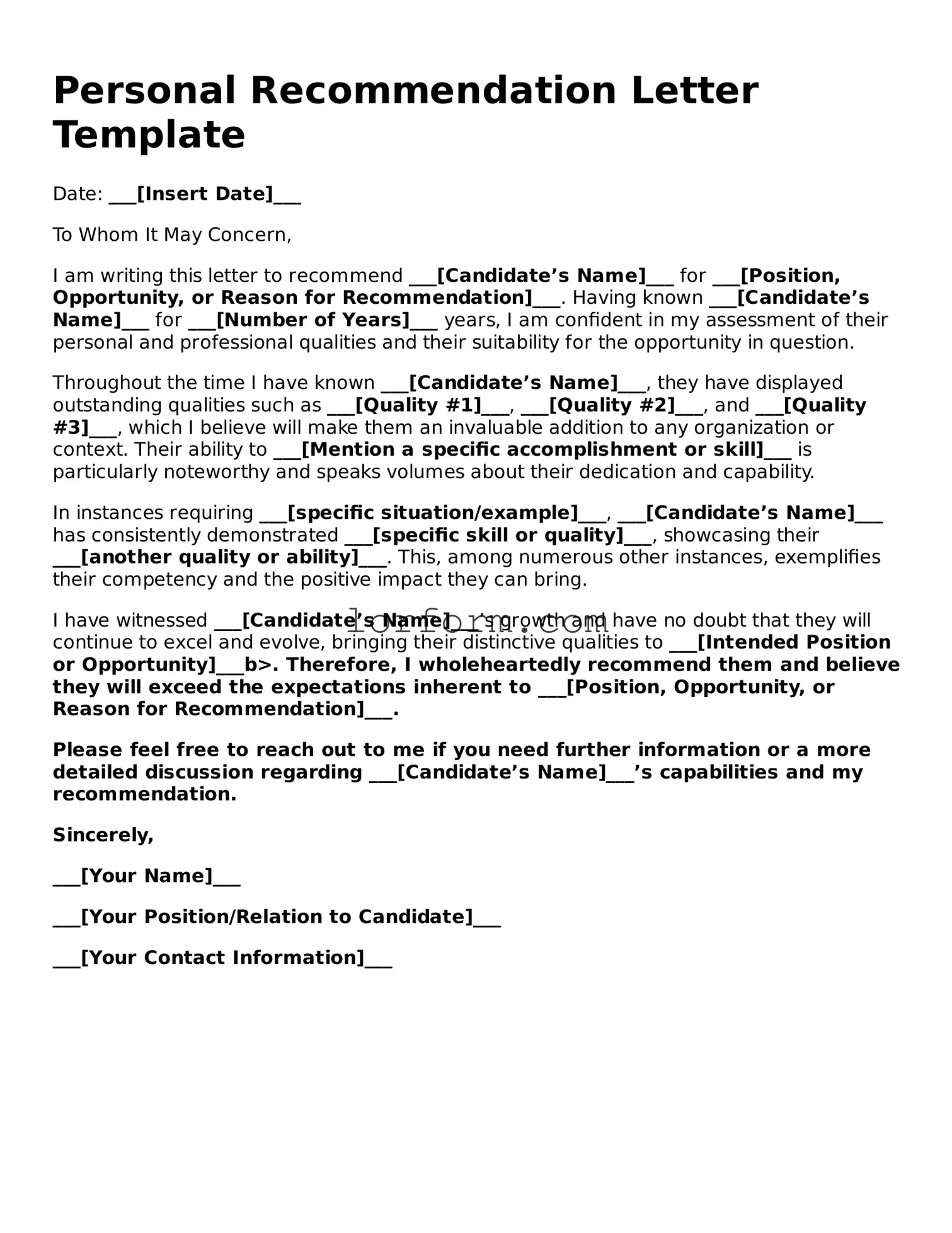 Blank Personal Recommendation Letter Document