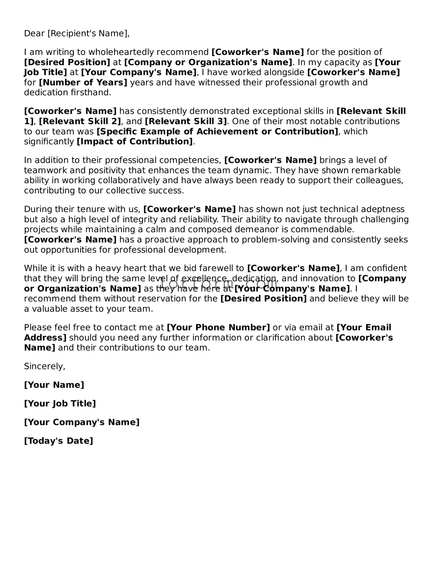 Blank Letter of Recommendation for Coworker Document