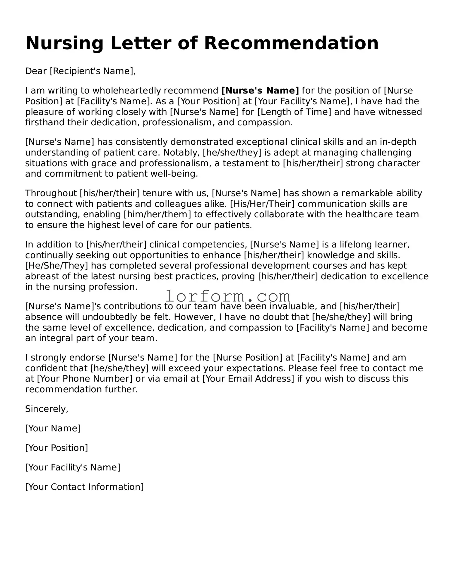 Blank Nursing Letter of Recommendation Document