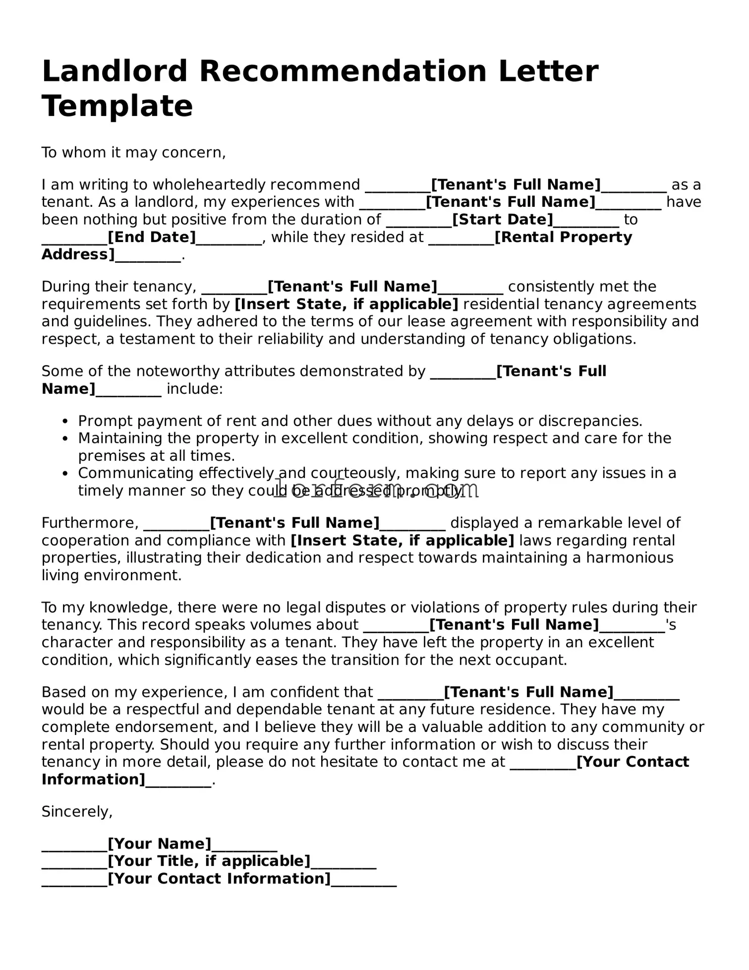 Blank Landlord Recommendation Letter Document