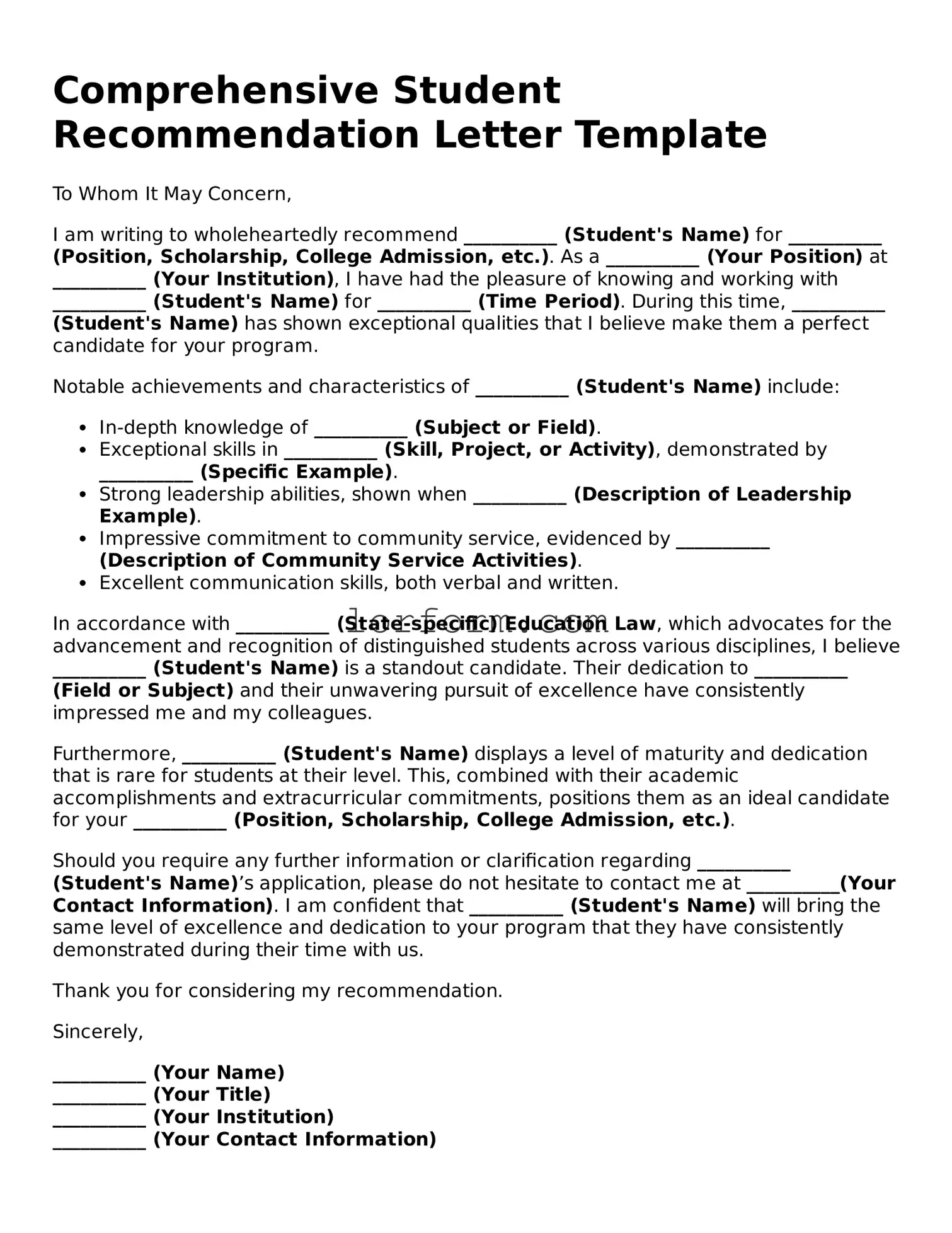 Blank Student Recommendation Letter Document