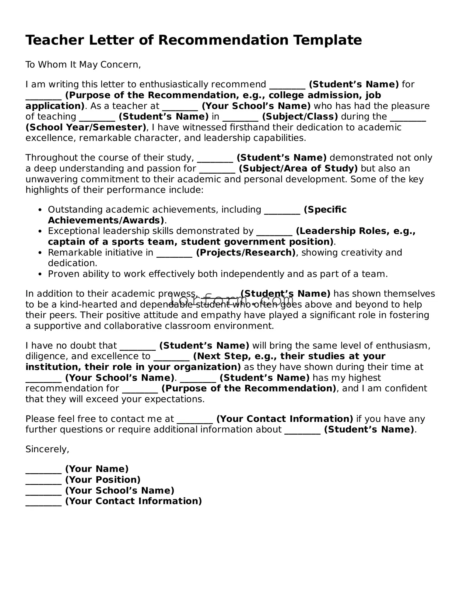 Blank Teacher Letter Recommendation Document