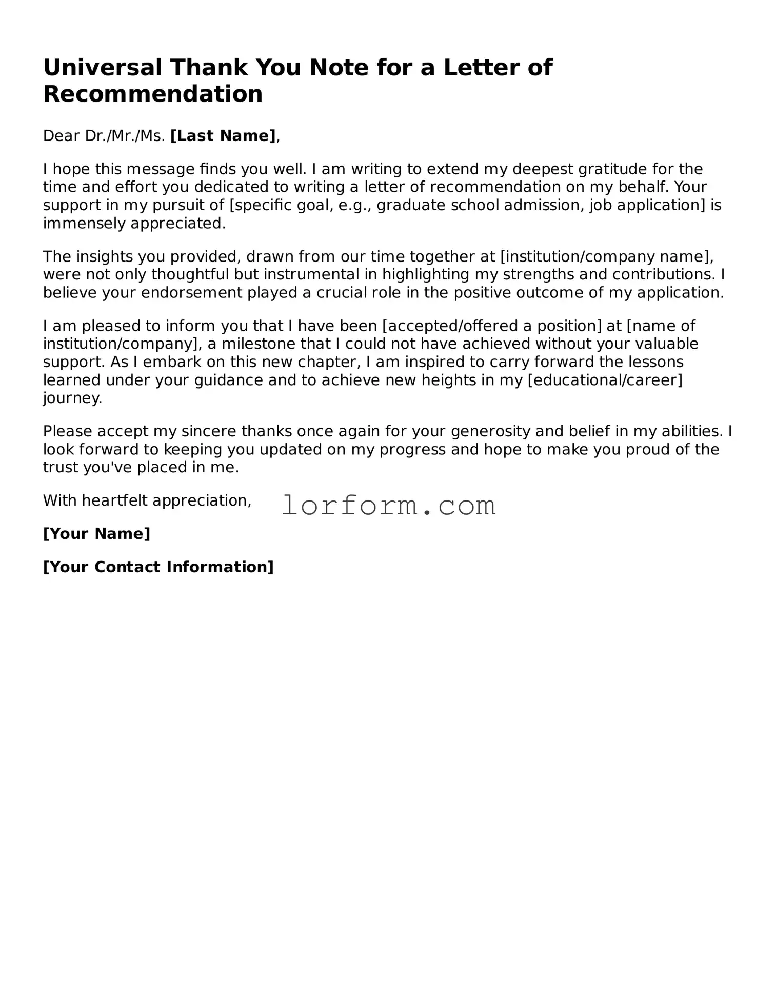 Blank Thank You Note for a Letter of Recommendation Document