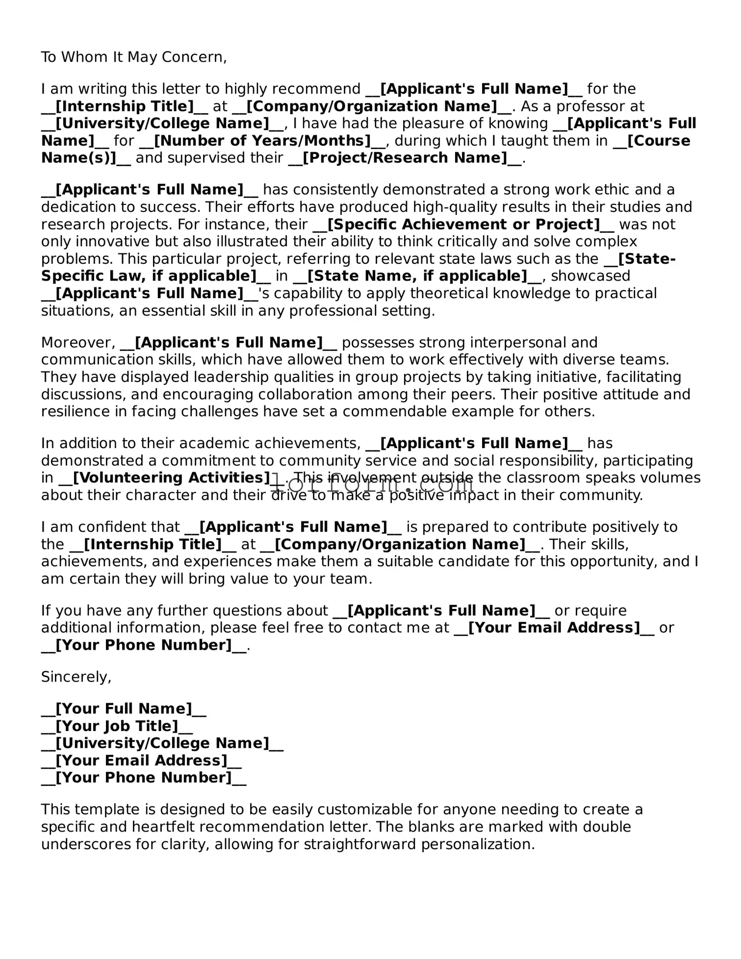 Blank Letter of Recommendation for Internship Document